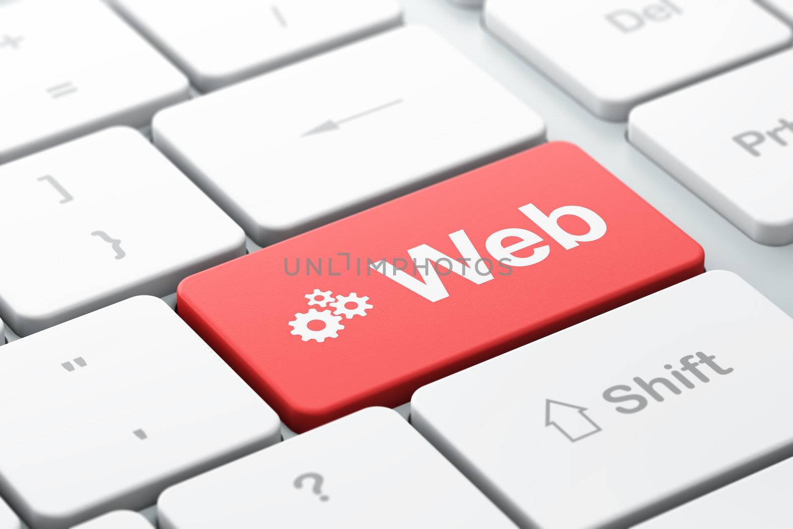 Web design concept: computer keyboard with Gears icon and word Web, selected focus on enter button, 3d render
