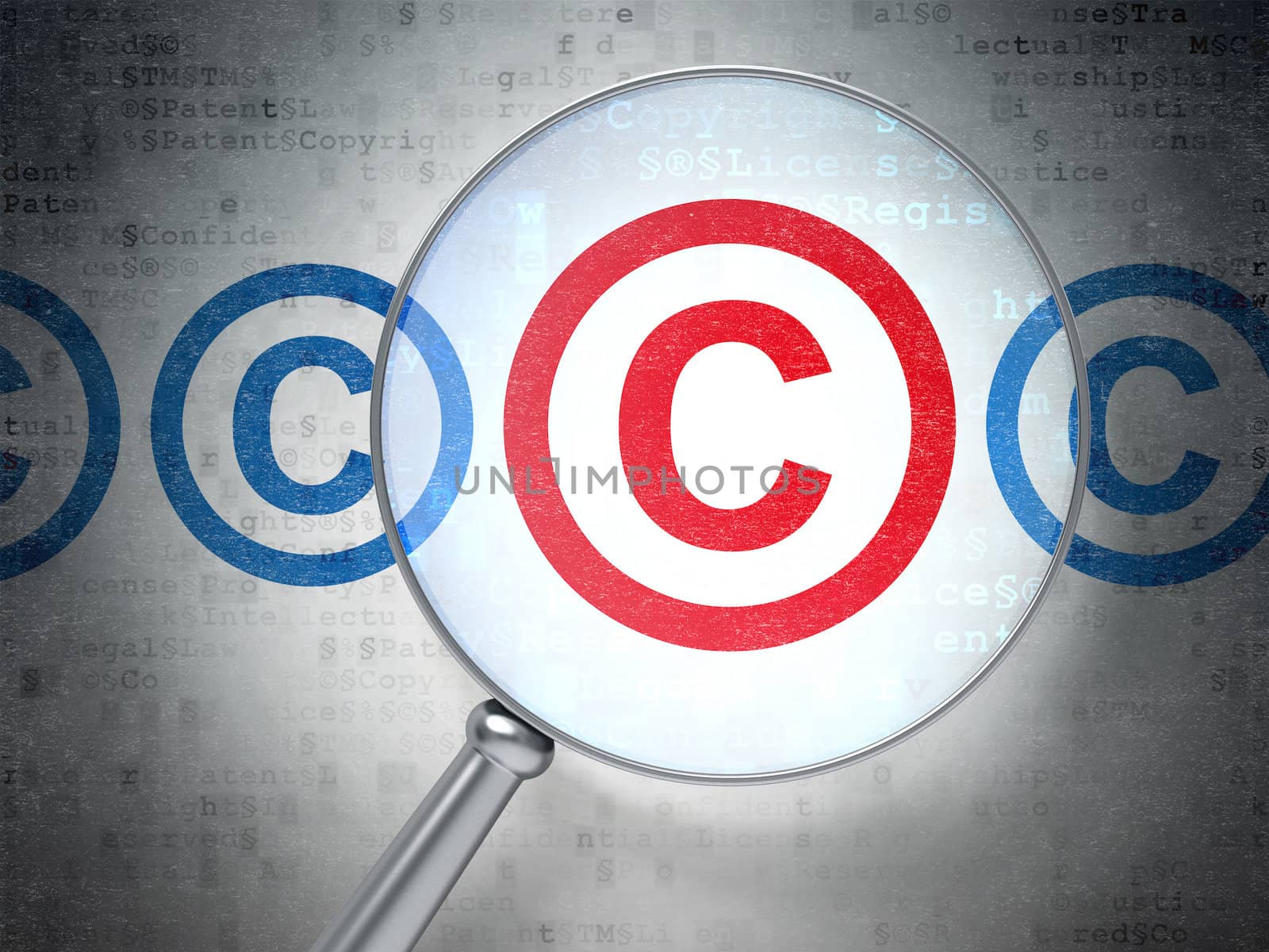 Law concept: magnifying optical glass with Copyright icons on digital background, 3d render