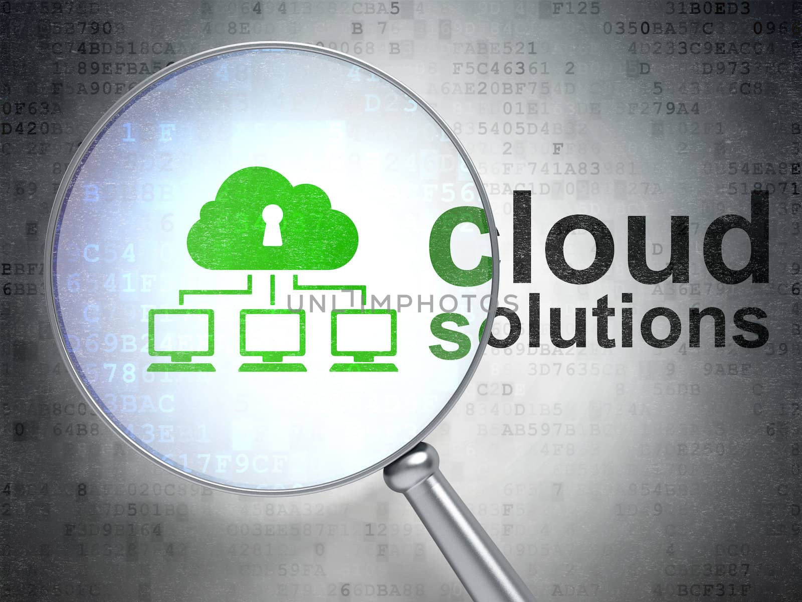 Cloud computing concept: magnifying optical glass with Cloud Network icon and Cloud Solutions word on digital background, 3d render