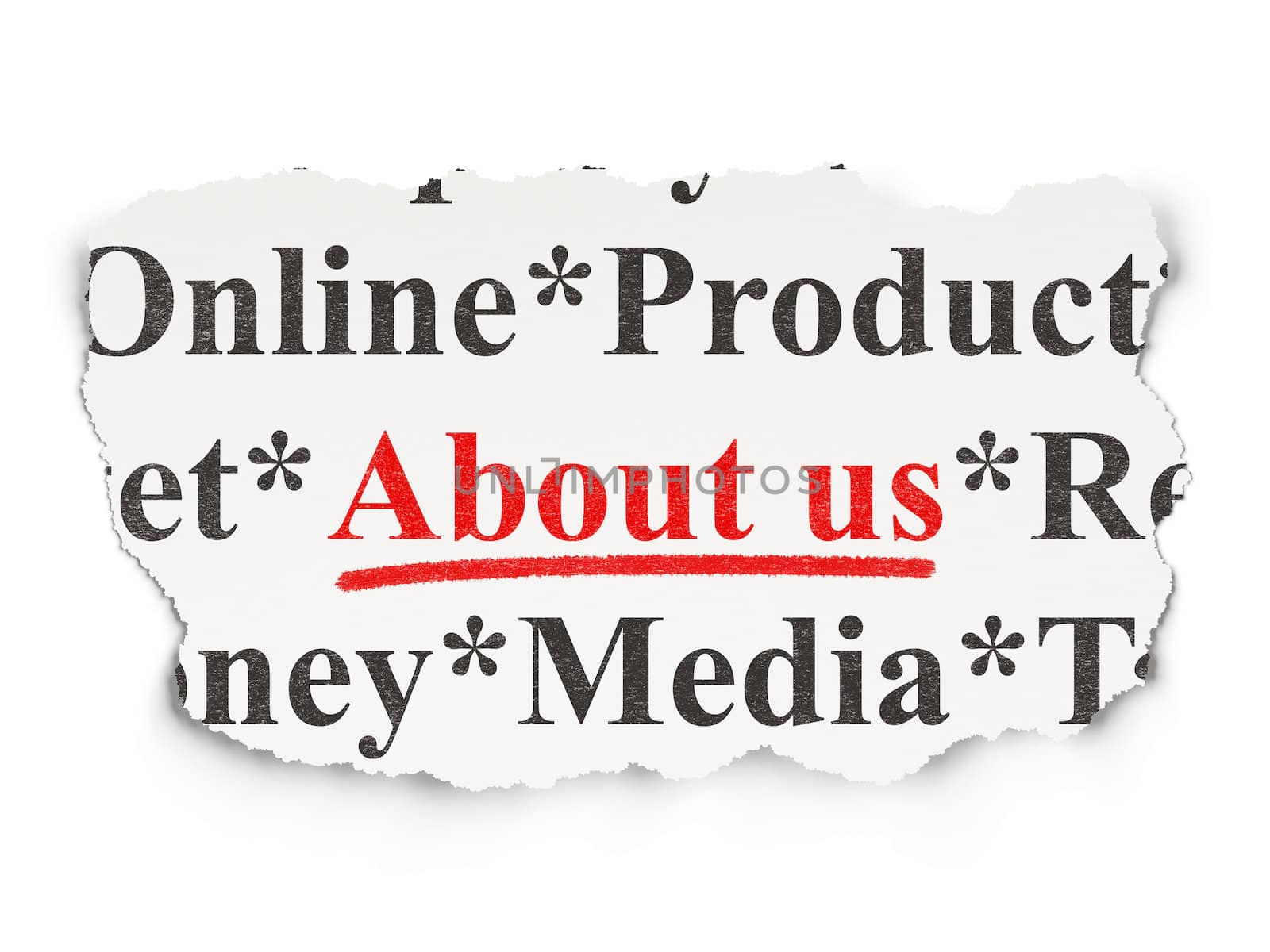 Advertising concept: torn newspaper with words About Us on Paper background, 3d render