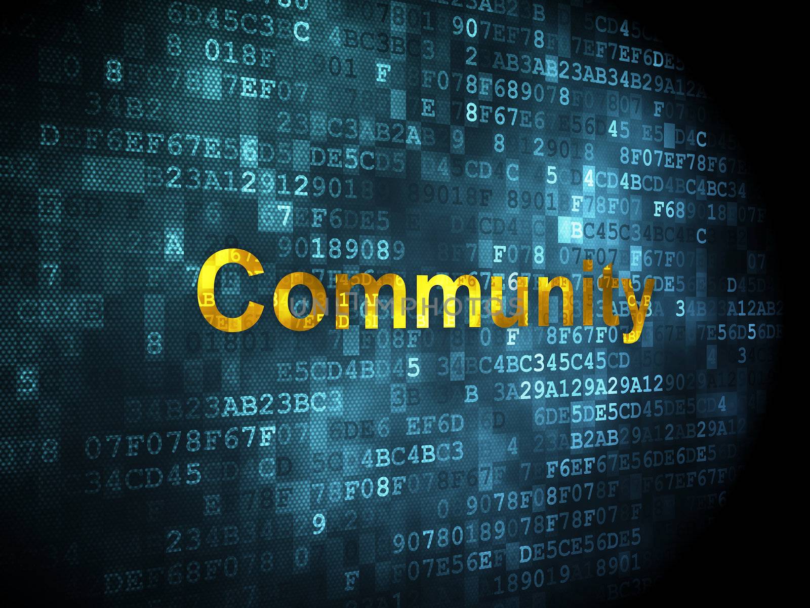 Social media concept: pixelated words Community on digital background, 3d render
