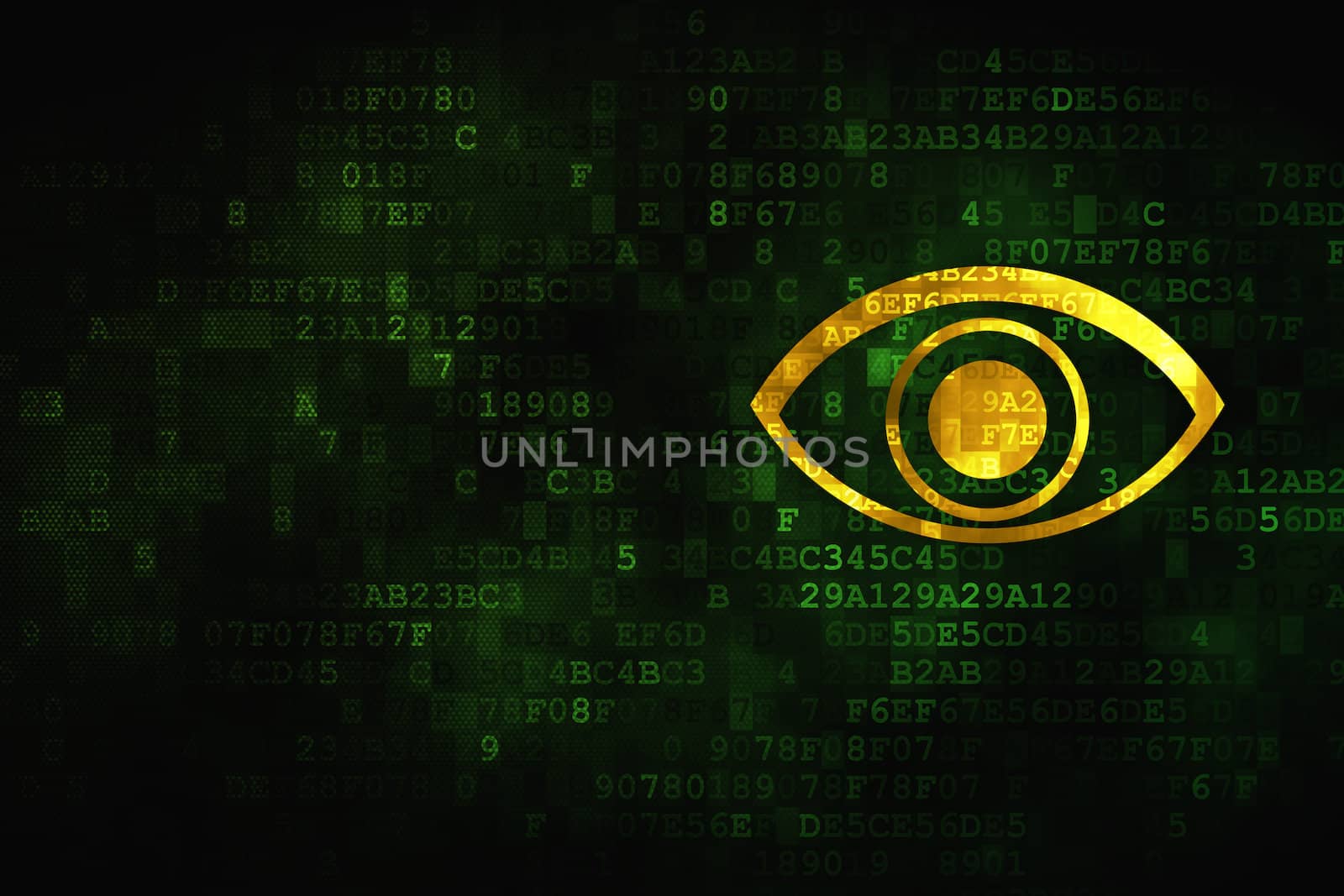 Protection concept: pixelated Eye icon on digital background, empty copyspace for card, text, advertising, 3d render