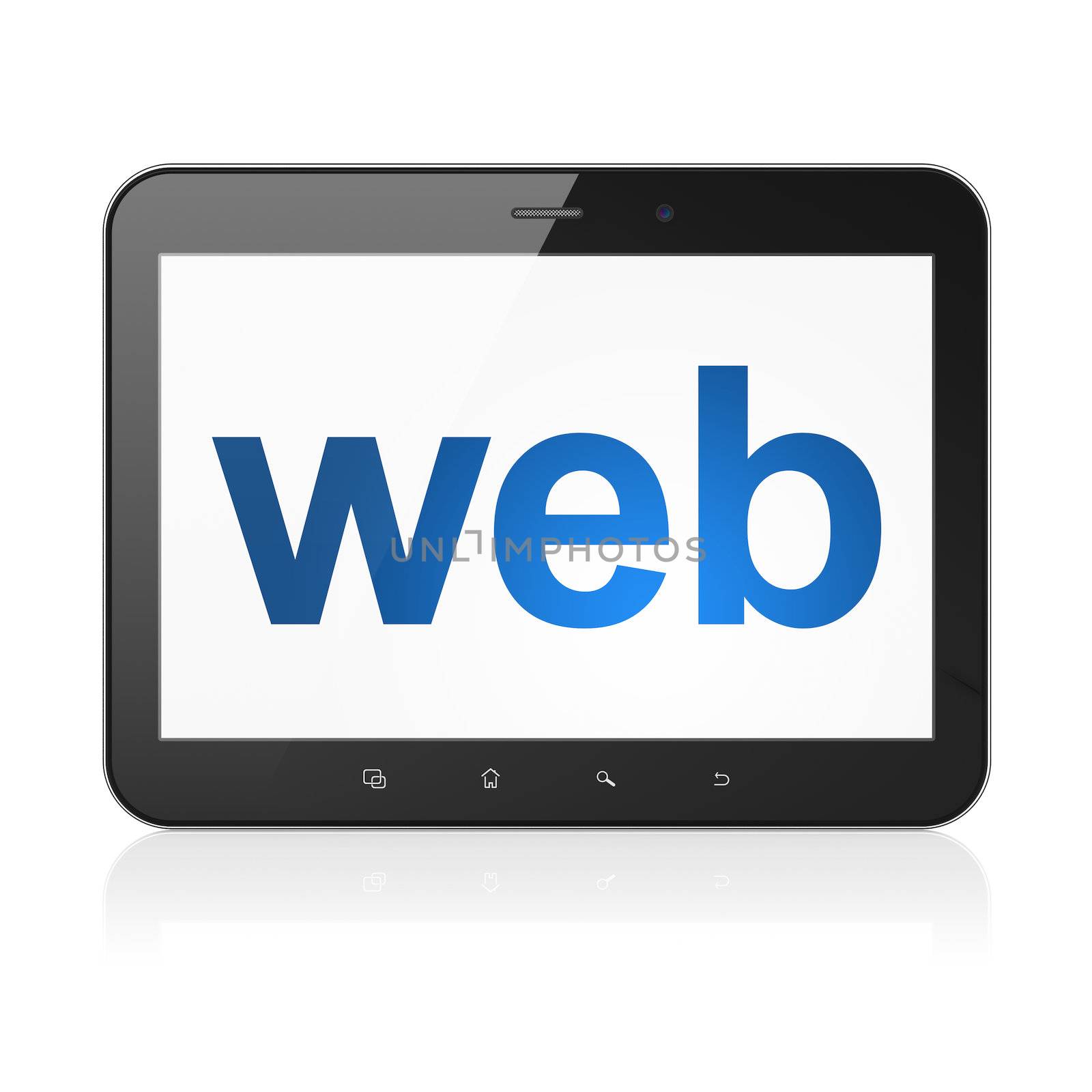 Web design concept: black tablet pc computer with text Web on display. Modern portable touch pad on White background, 3d render