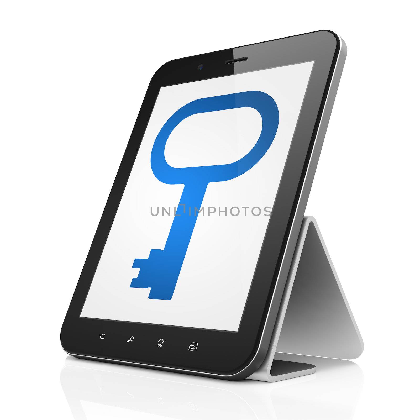 Safety concept: black tablet pc computer with Key icon on display. Modern portable touch pad on White background, 3d render