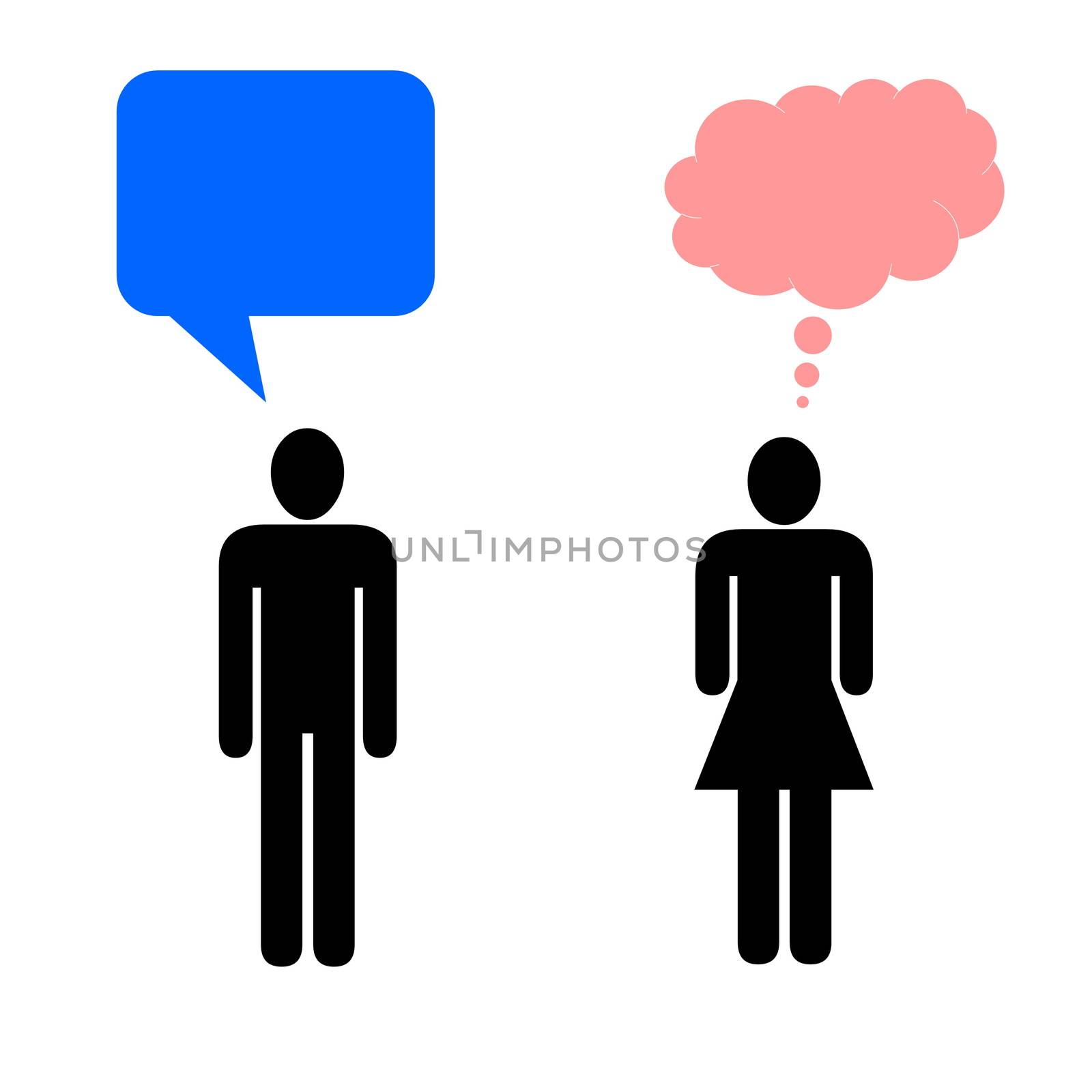 Black symbol of man talking and woman thinking in white background
