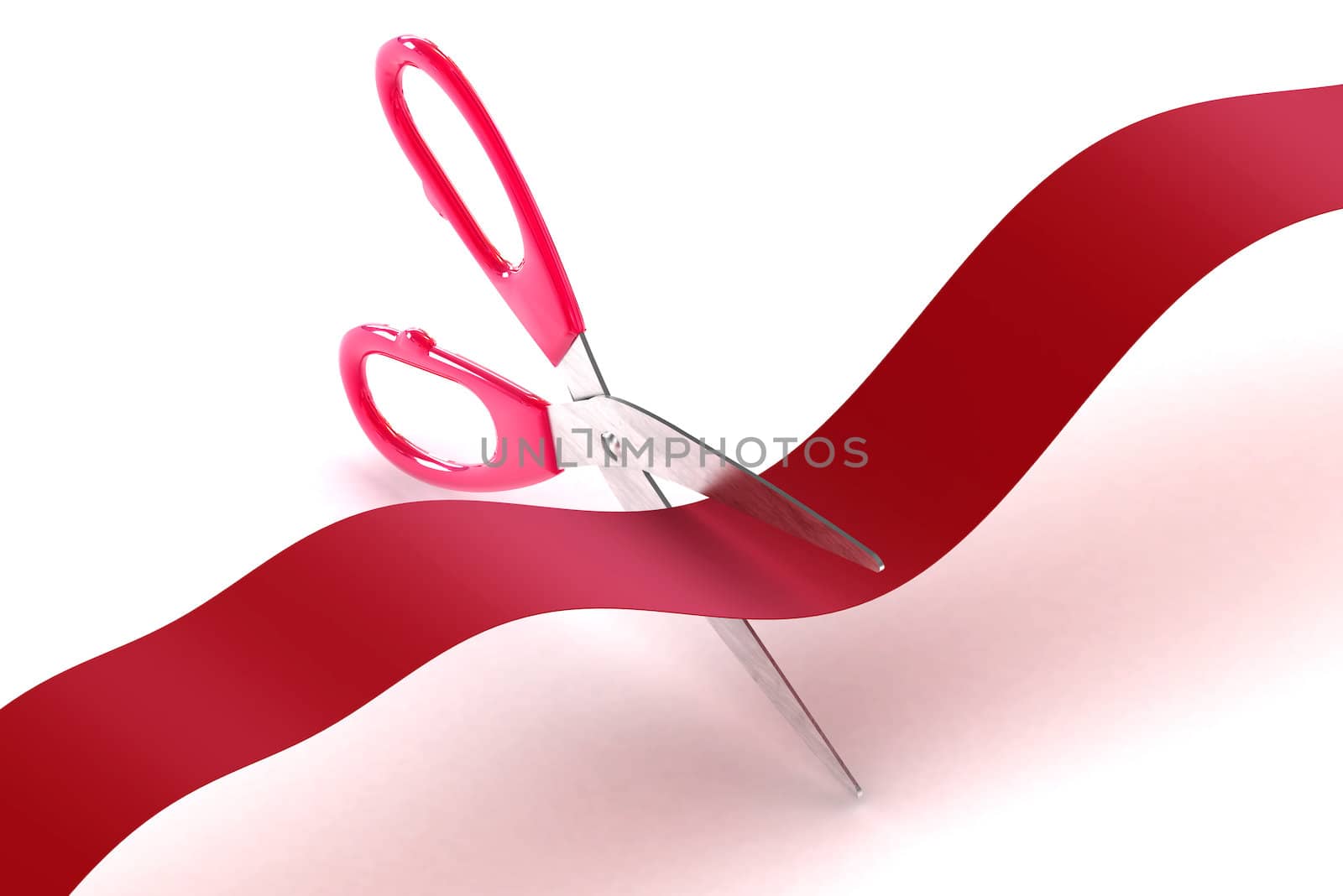 A Colourful 3d Rendered Illustration of scissors cutting a red tape