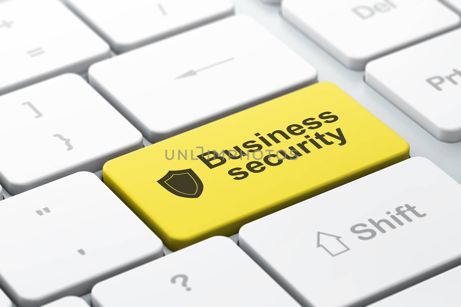 Privacy concept: computer keyboard with Shield icon and word Business Security, selected focus on enter button, 3d render