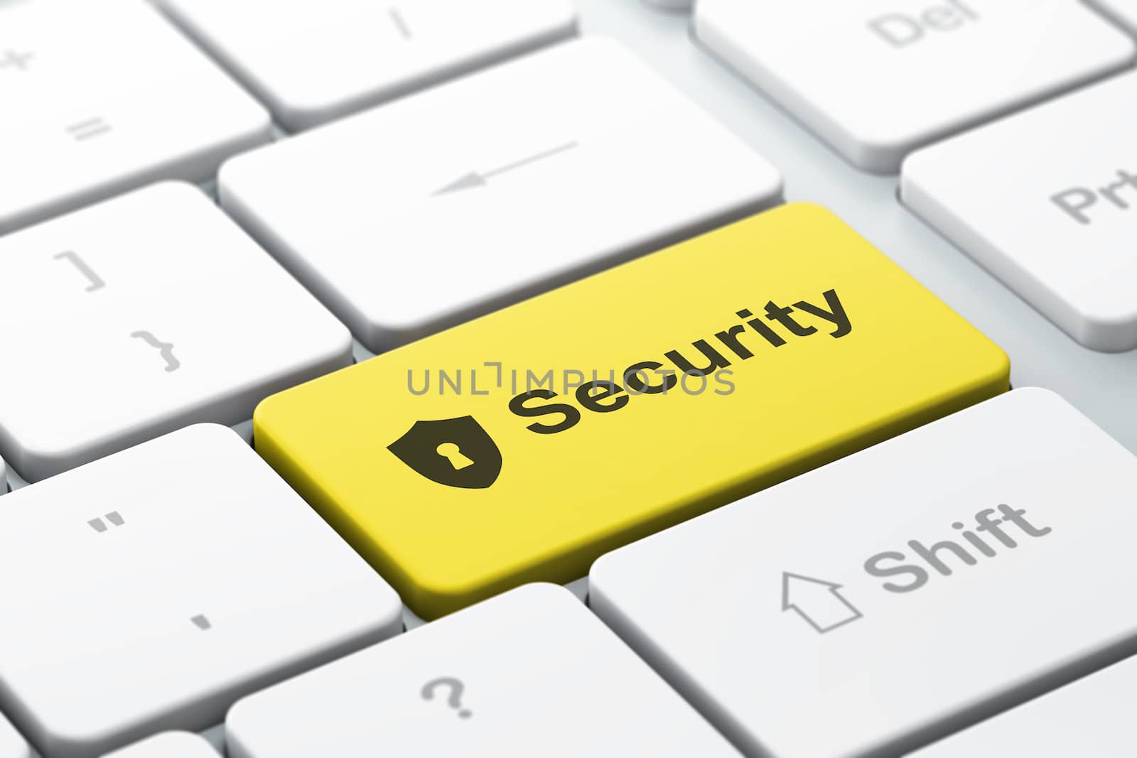 Privacy concept: computer keyboard with Shield With Keyhole icon and word Security, selected focus on enter button, 3d render