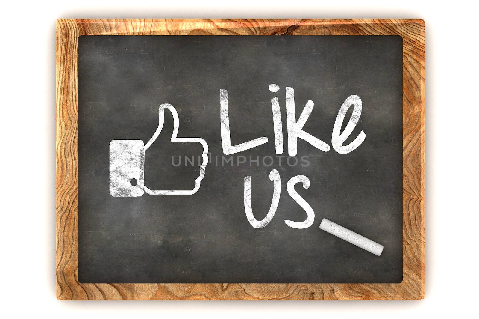 A Colourful 3d Rendered Concept Illustration showing "Like us", as used on social networks writen on a Blackboard with white chalk