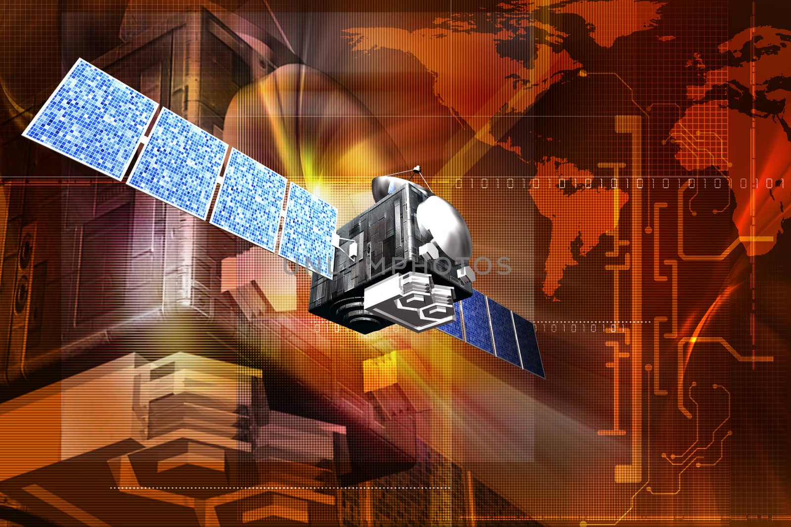 Digital illustration of satelite with rocket in digital background