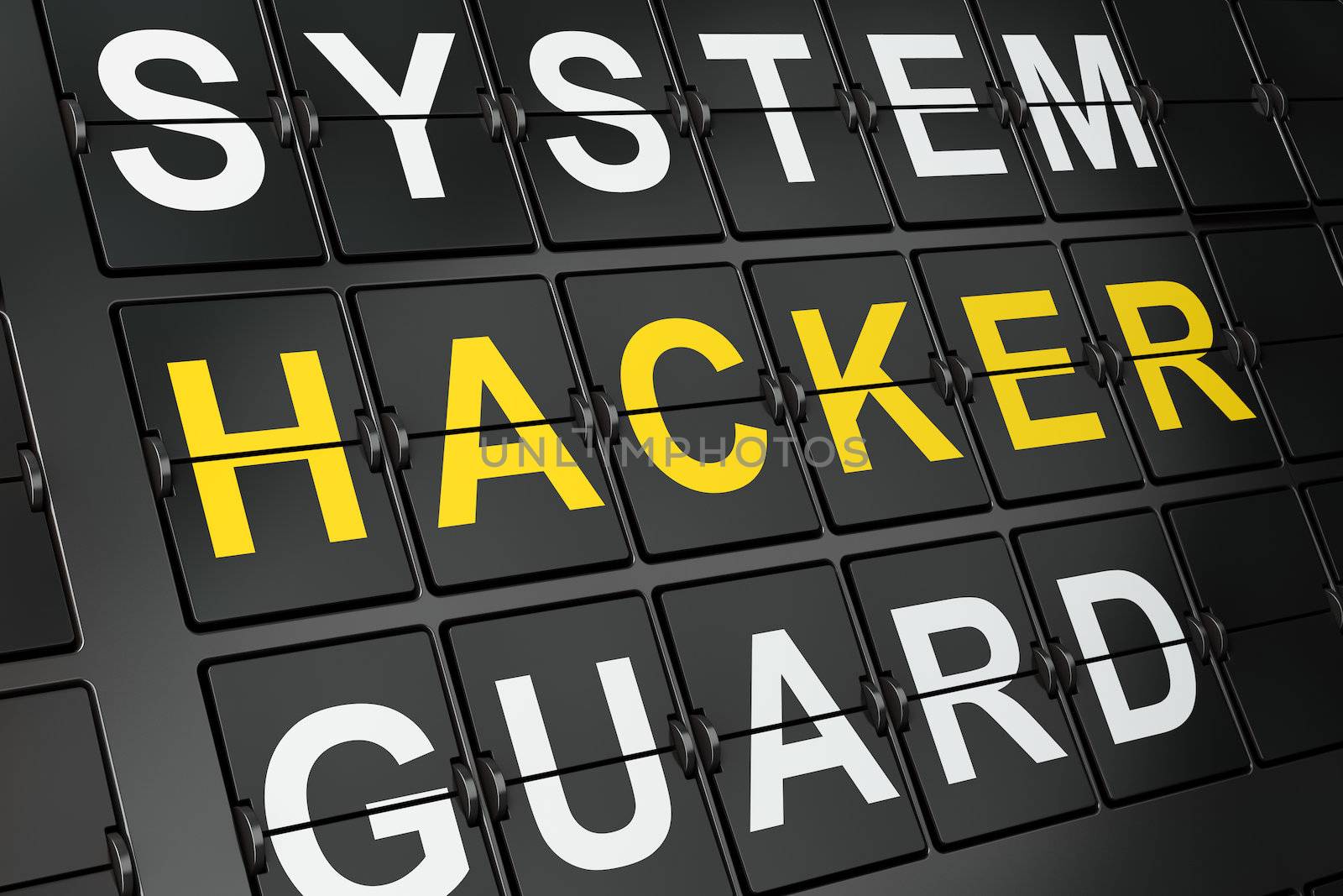 Privacy concept: Hacker on airport board background, 3d render