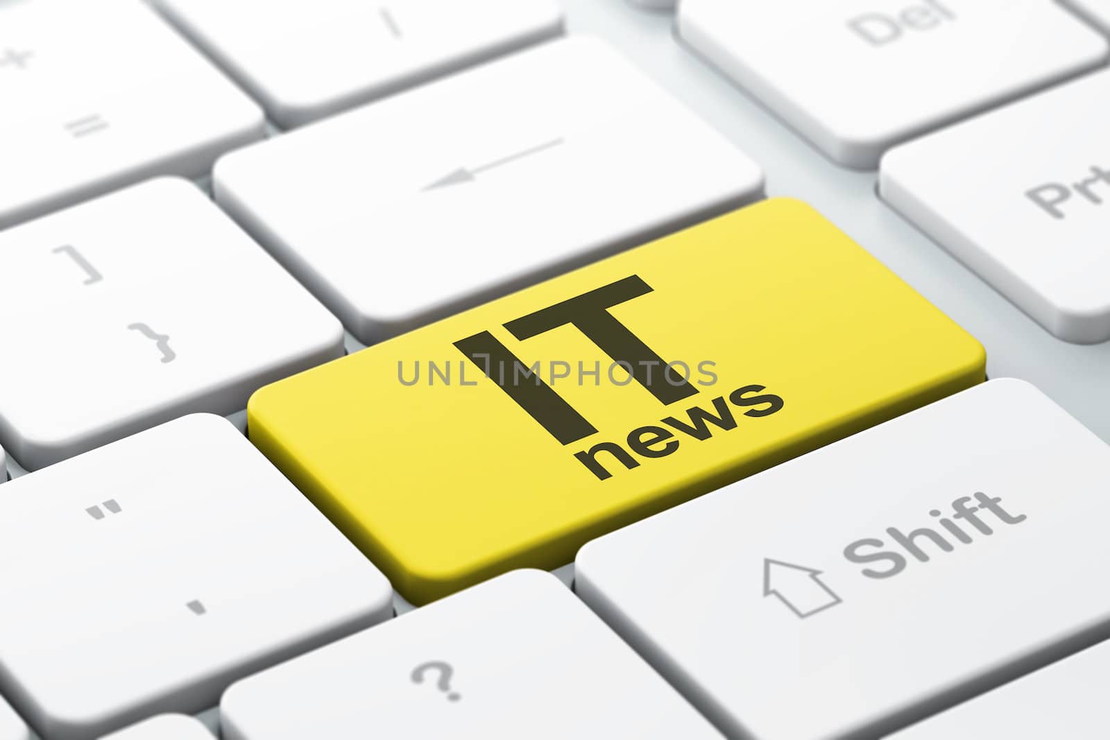 News concept: computer keyboard with word IT News, selected focus on enter button, 3d render