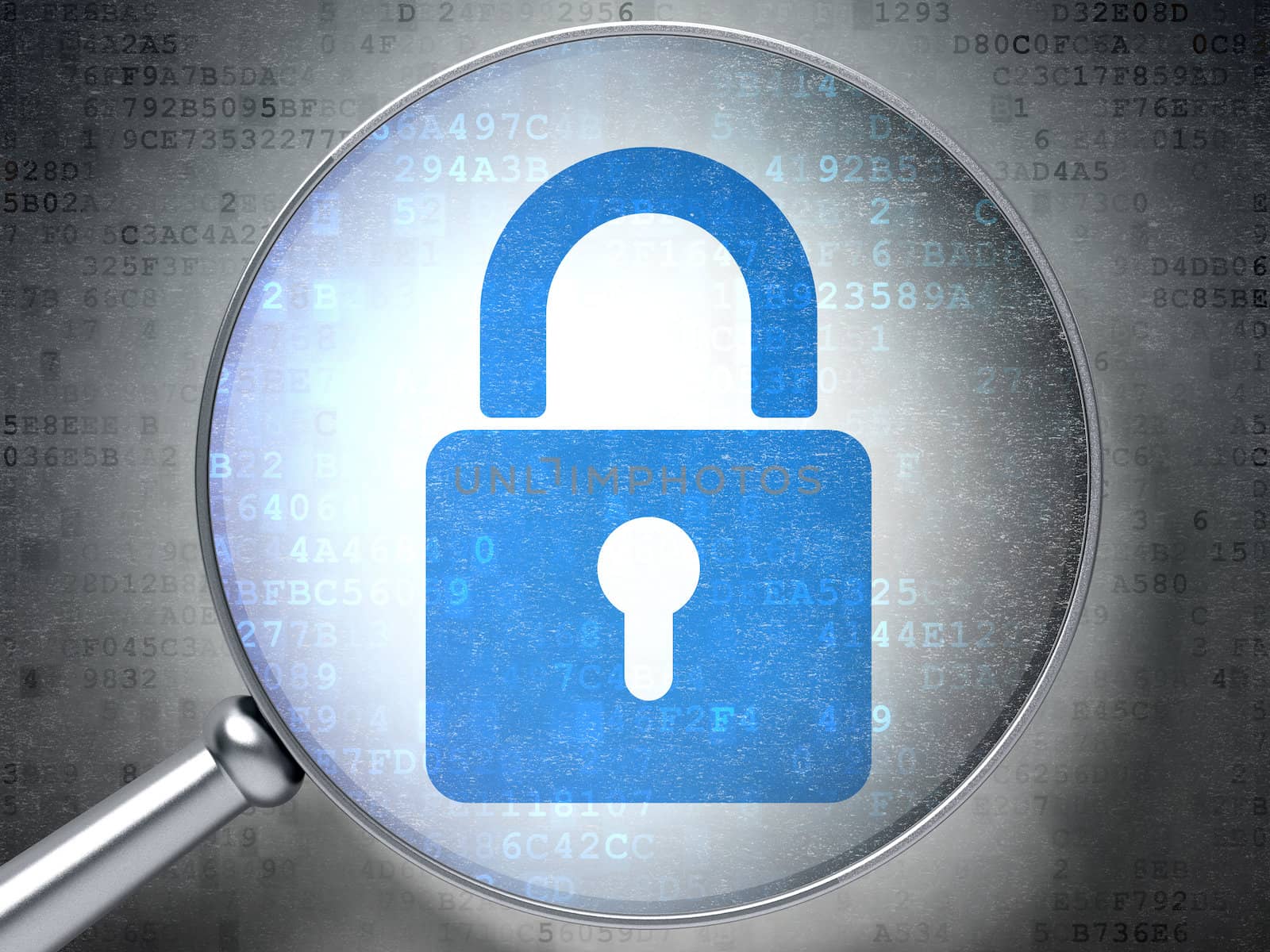 Magnifying optical glass with Closed Padlock icon on digital background, 3d render