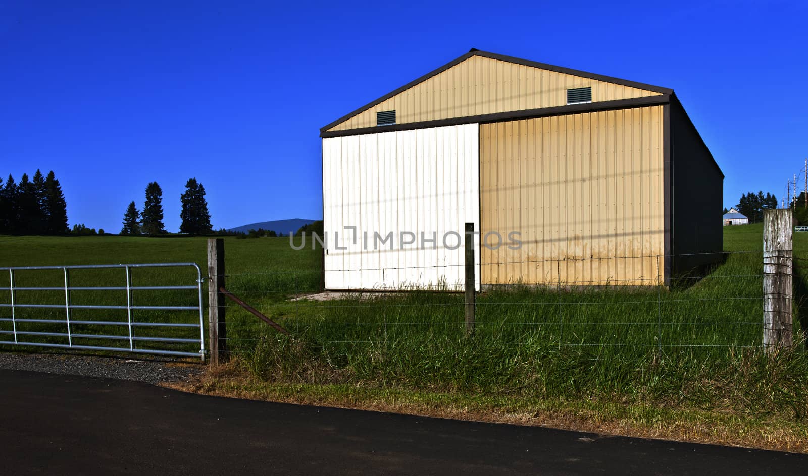 Large storage shed in a field Oregon.