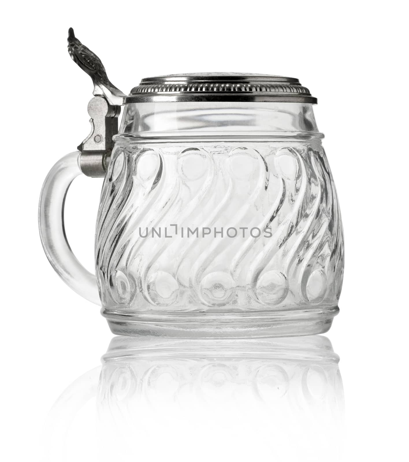  glass tankard with metallic cap in white background. With clipping path