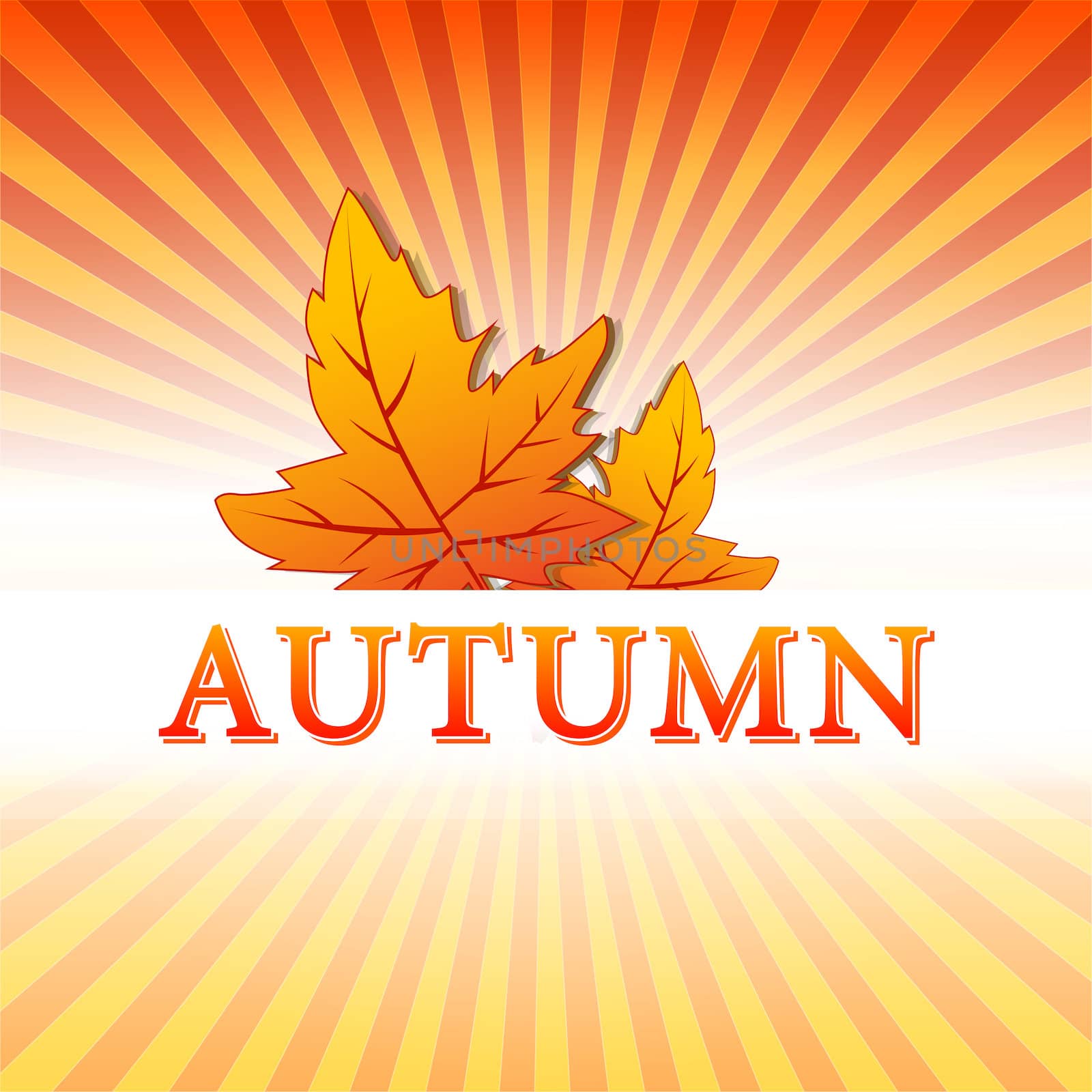 abstract illustration with text autumn and drawn fall leaves over yellow orange red gradient rays