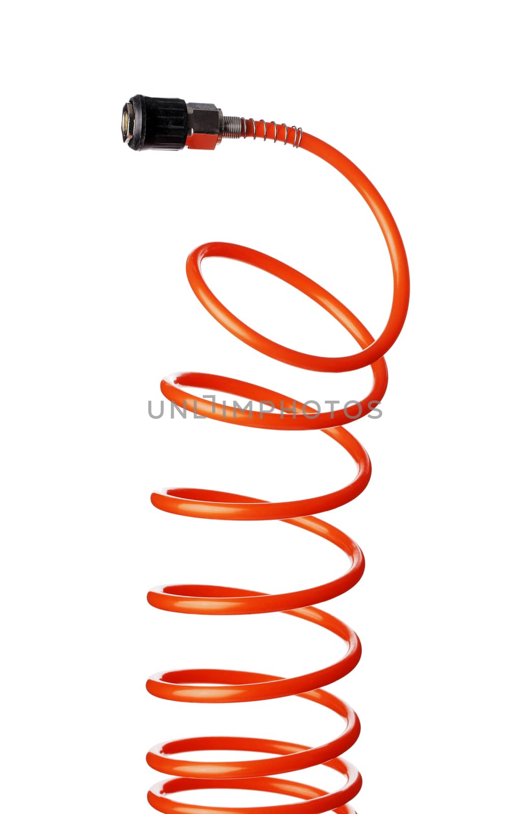 Orange red thin spiral air hose used for pneumatic tools. 