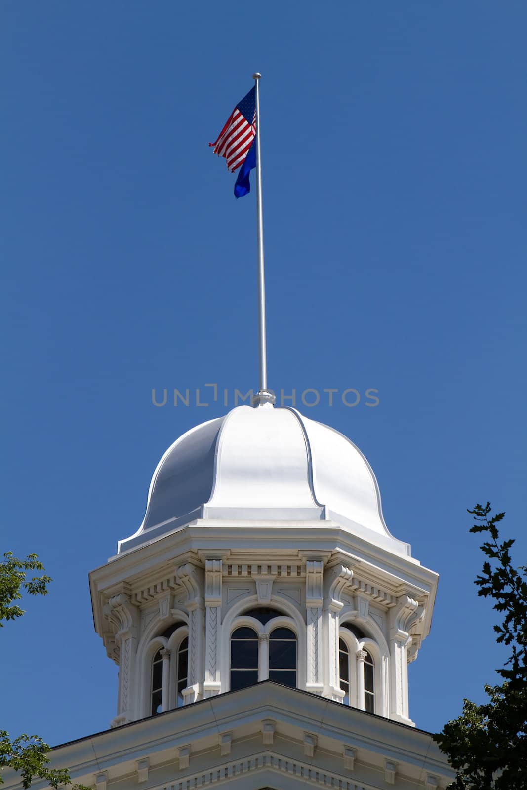Nevada state capitol dome located in Carson City, NV against a blue sky background with flags flying on top.