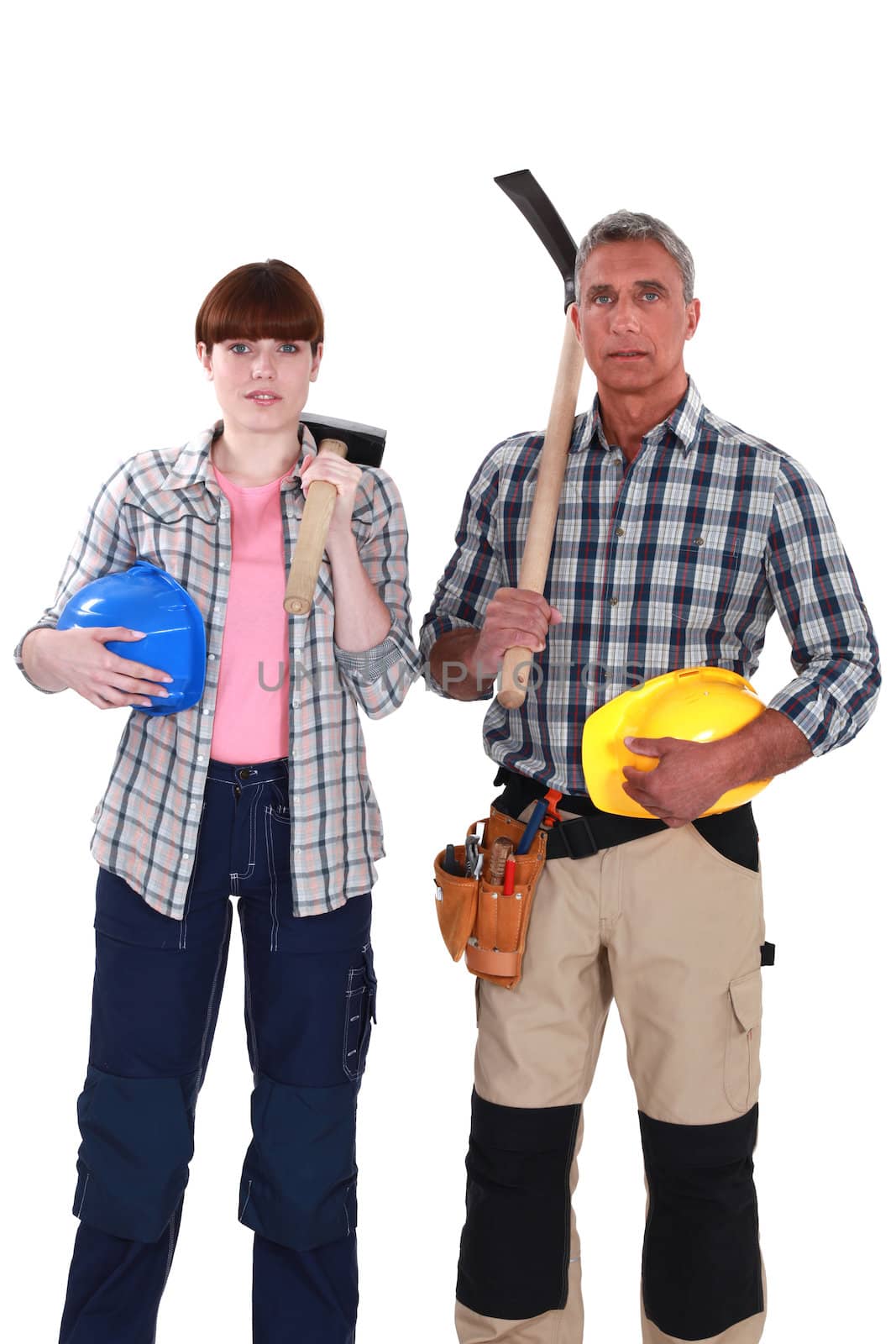 two construction workers posing together