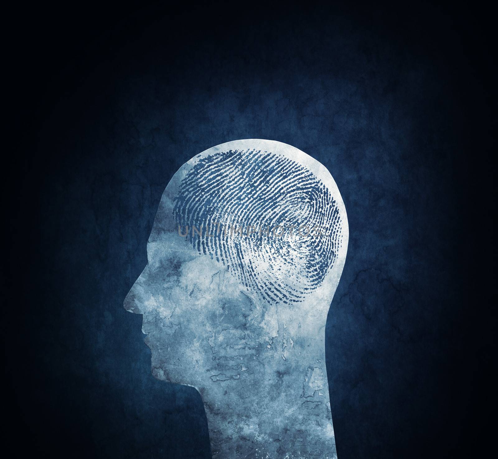 Conceptual image of a head with a fingerprint brain.