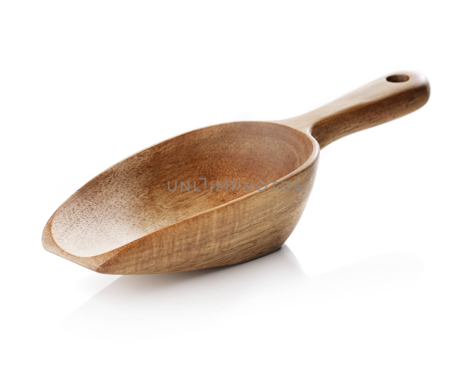 Wooden scoop isolated on white with natural reflection.