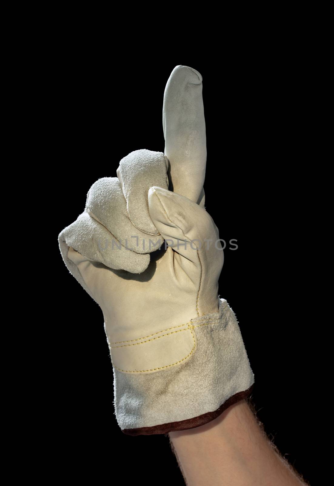 Hand with work glove pointing with index finger.