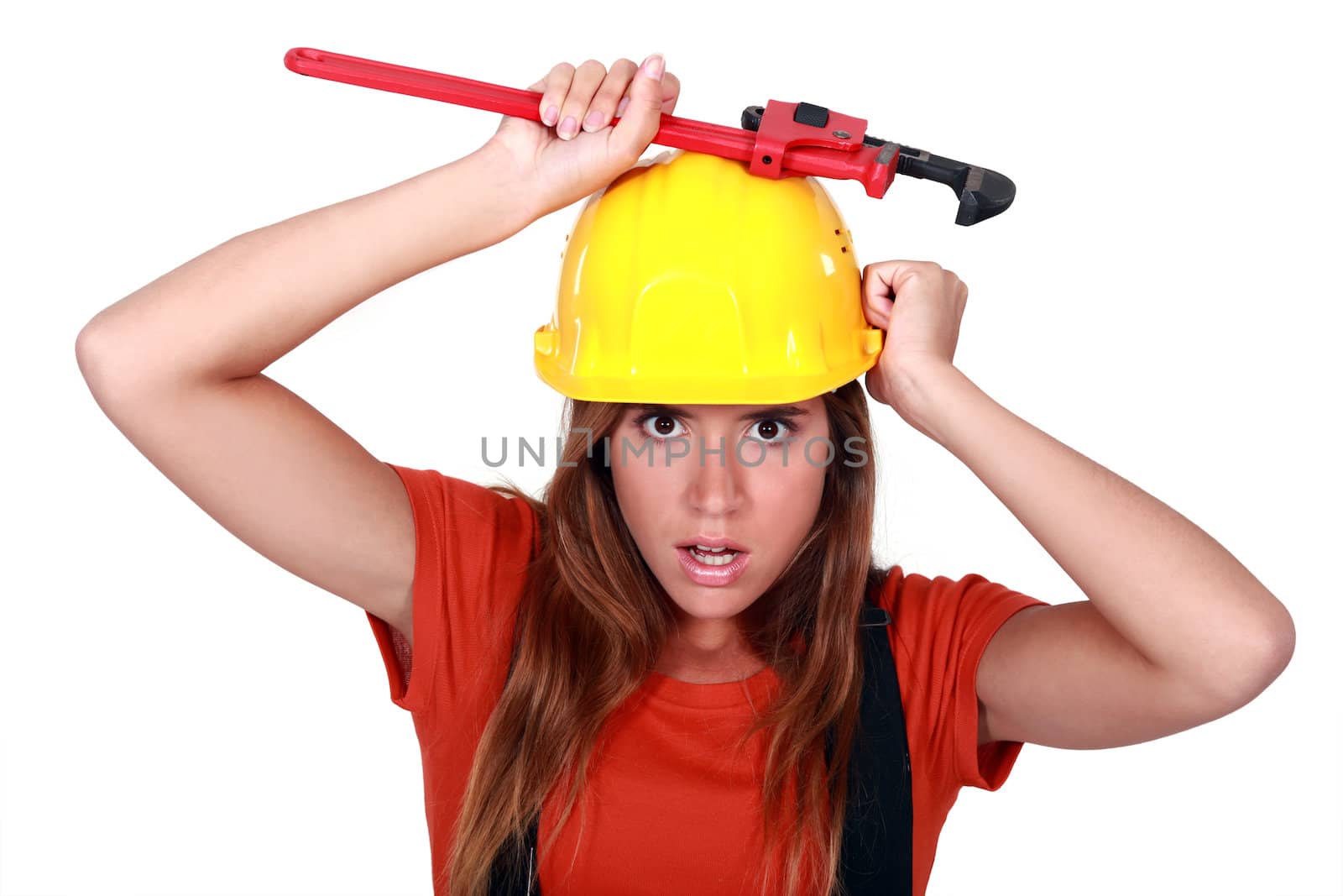 A female manual worker with a wrench.