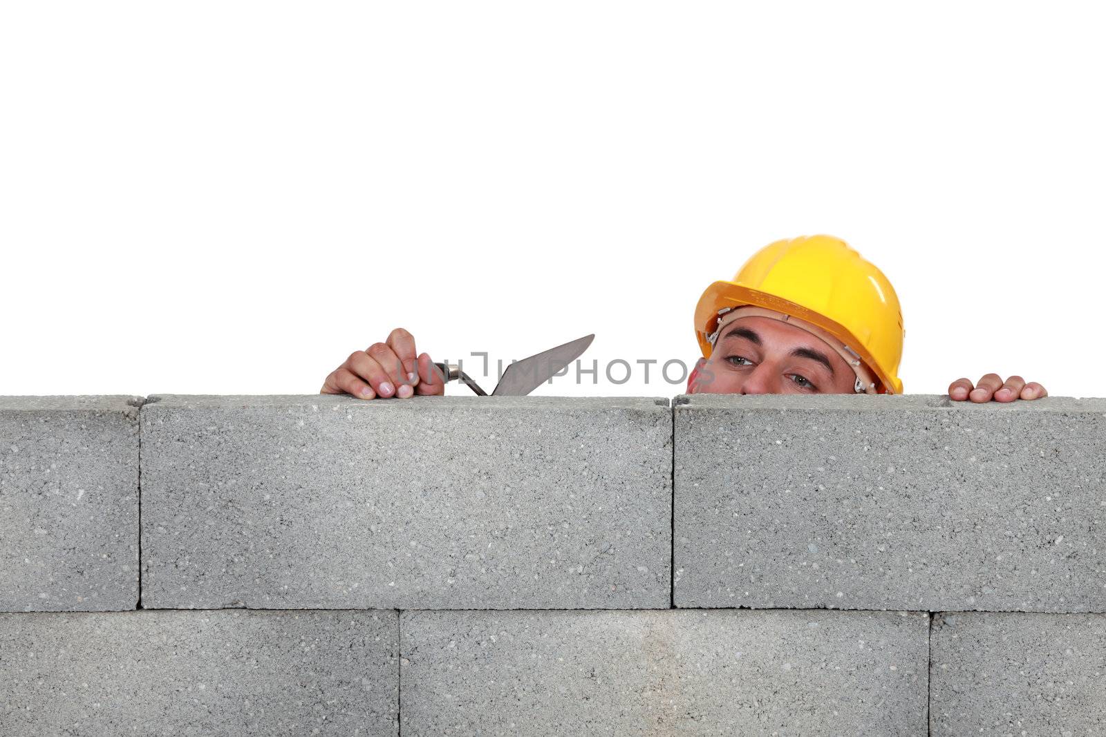 Stonemason peering over a low wall