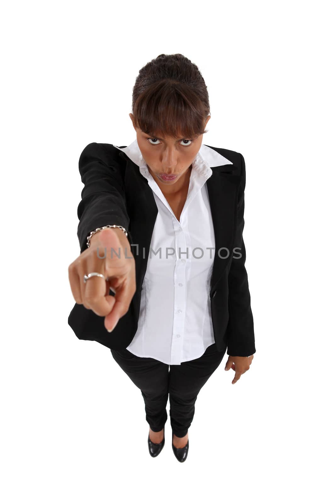 Woman threatening with her finger isolated on white background