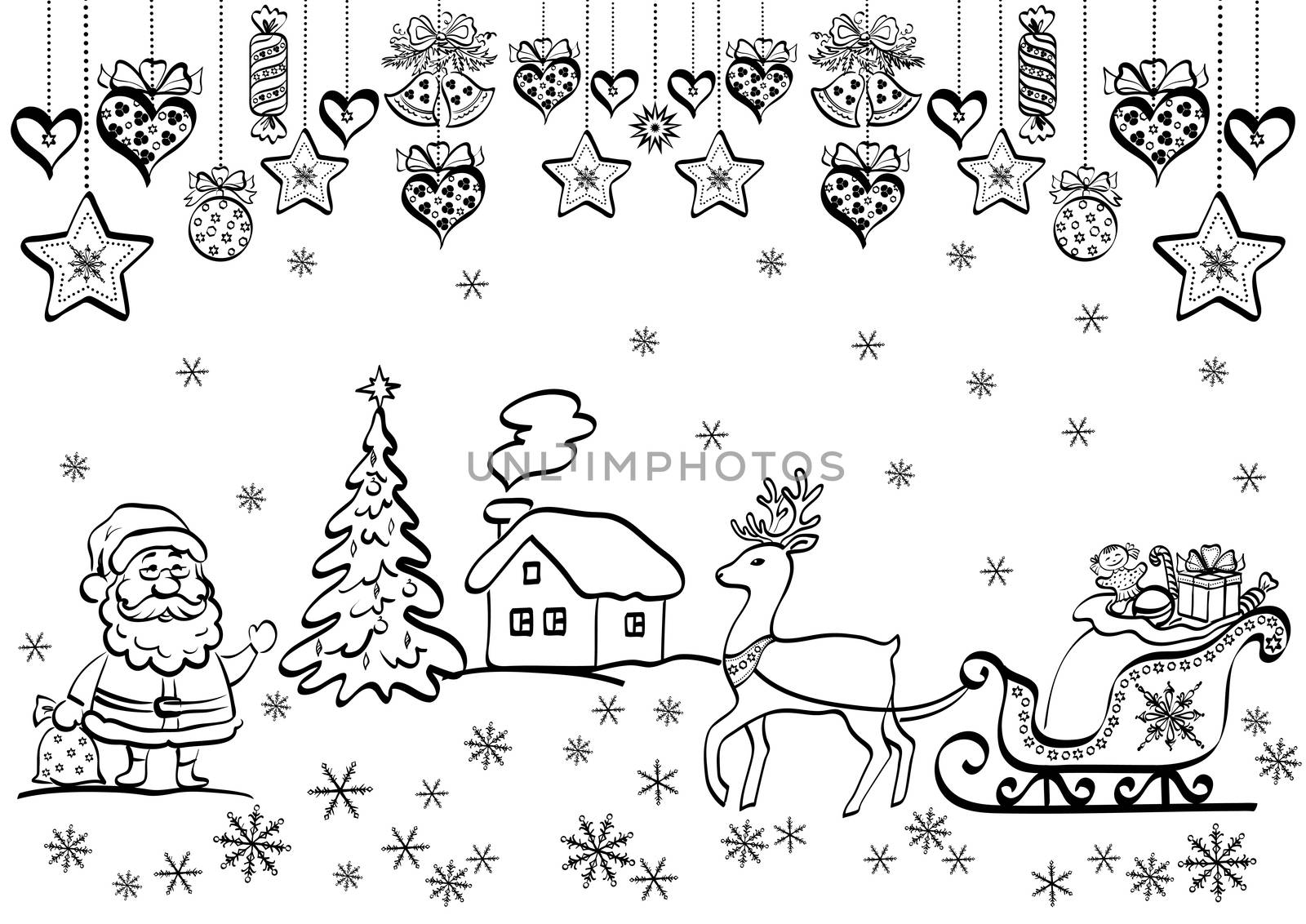 Christmas background with black contour cartoon Santa Claus and holiday decorations.