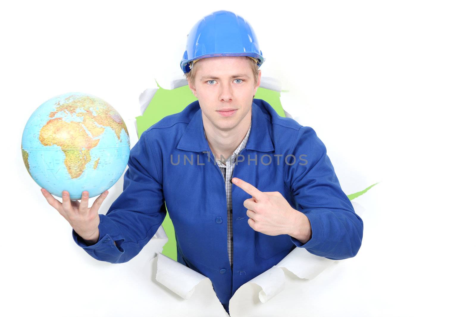 Man pointing at globe