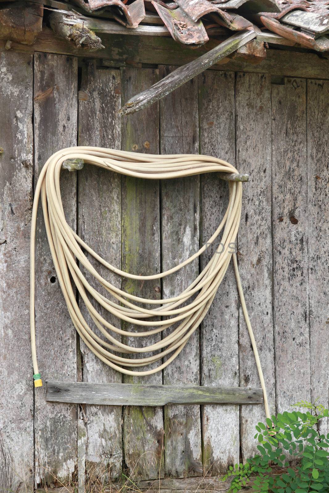Hose attached to wooden hut by phovoir