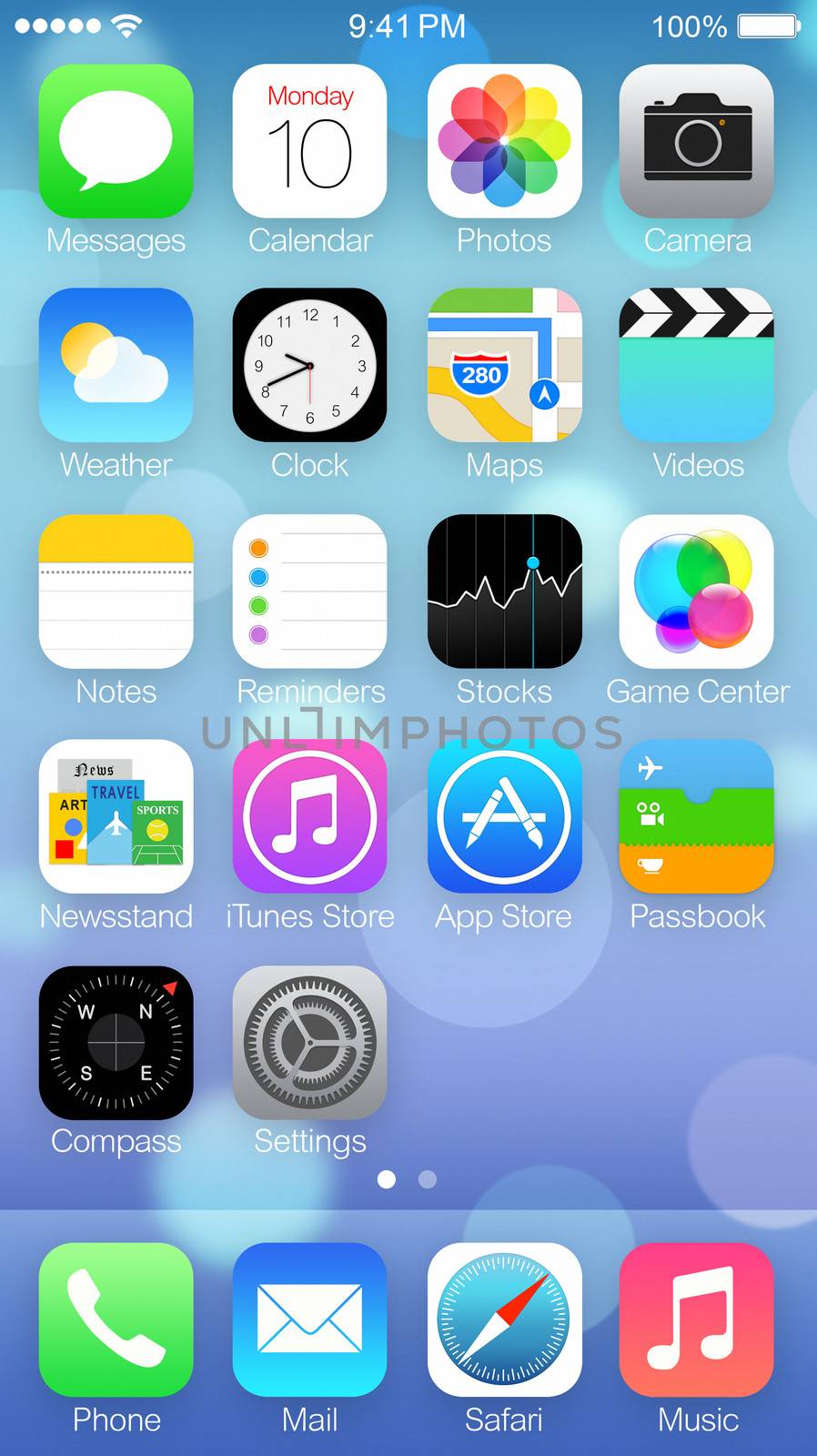 Close up of the icons & homescreen of new Apple iphone 5s with the new IOS 7 os.