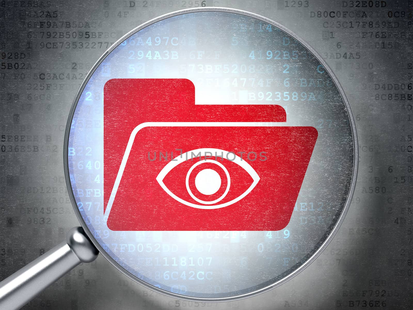 Magnifying optical glass with Folder icon on digital background, 3d render