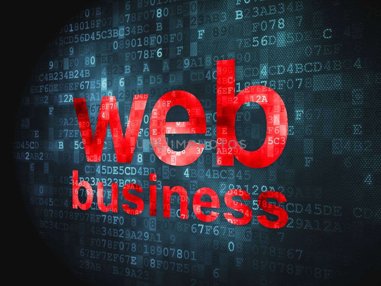 SEO web design concept: pixelated words Web Business on digital background, 3d render