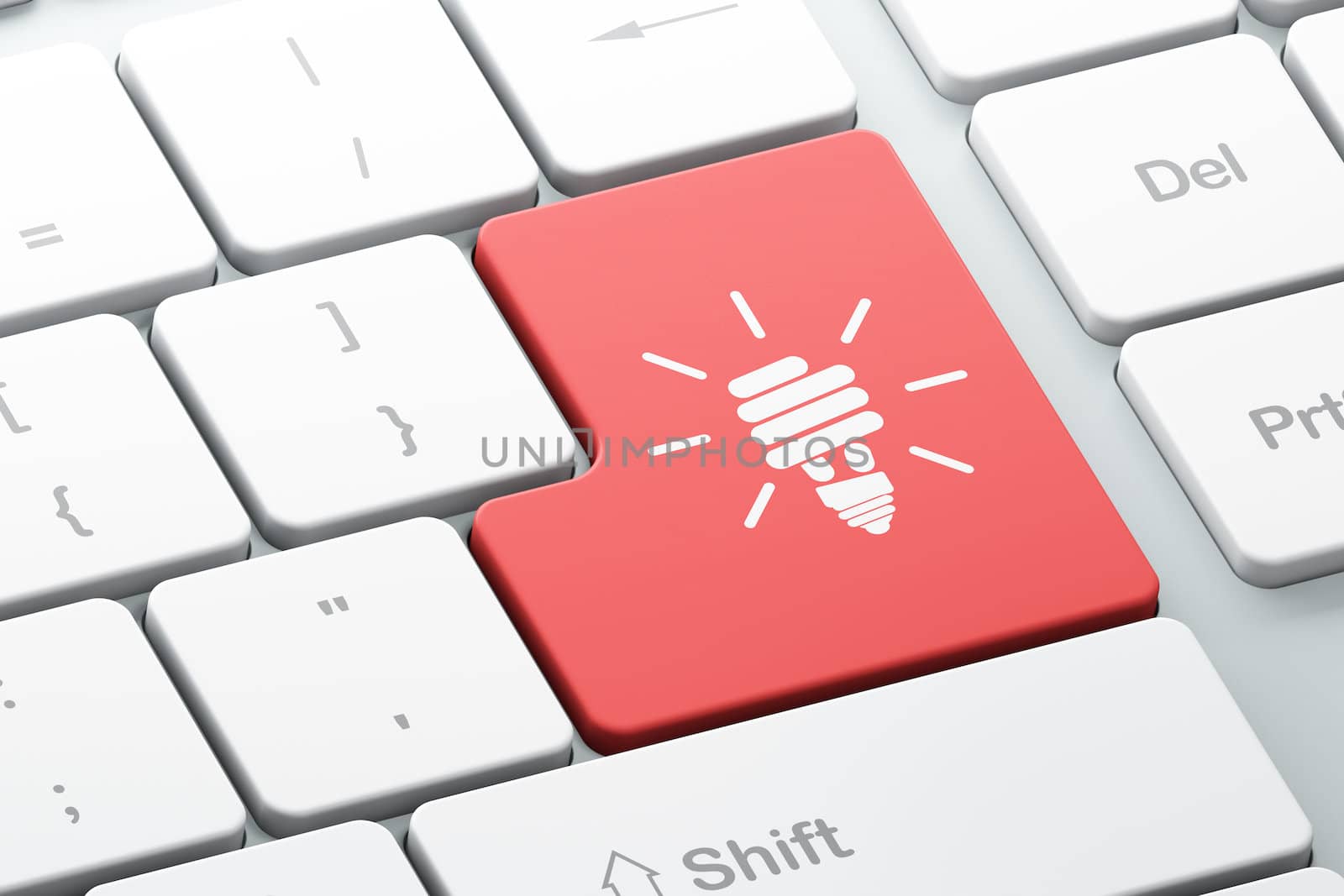 Finance concept: Enter button with Energy Saving Lamp on computer keyboard, 3d render