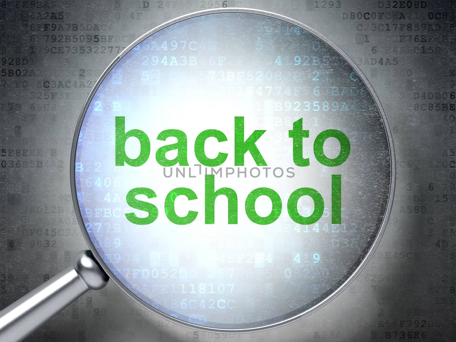Magnifying optical glass with words Back to School on digital background, 3d render