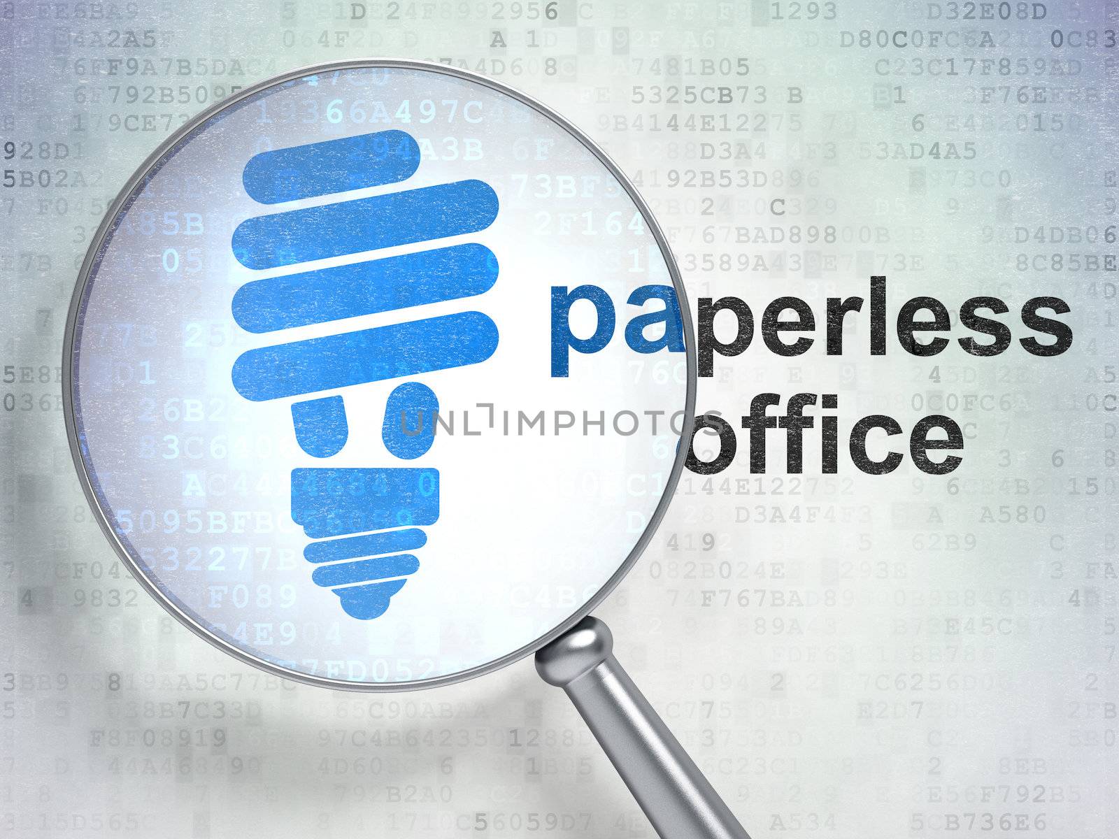Magnifying optical glass with Energy Saving Lamp icon and "Paperless Office" word on digital background, 3d render