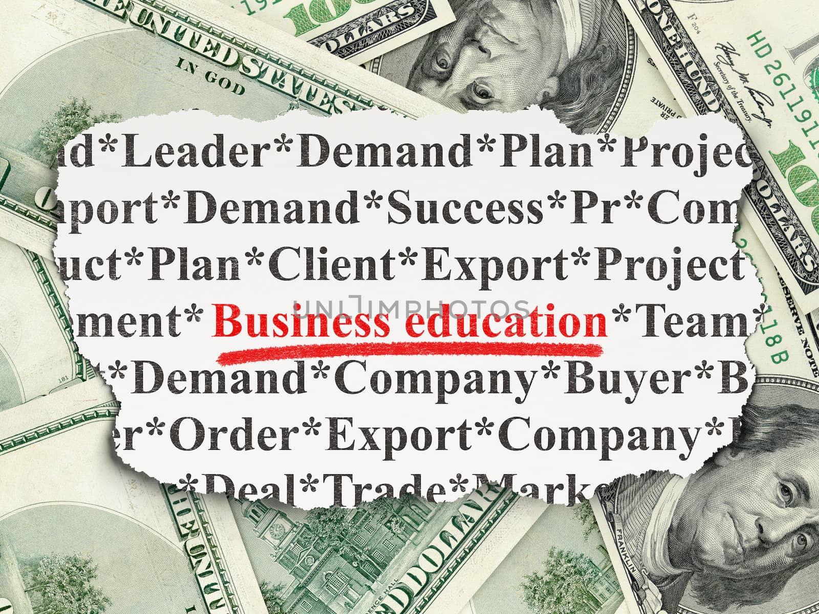 Education concept: torn newspaper with words Business Education on Money background, 3d render