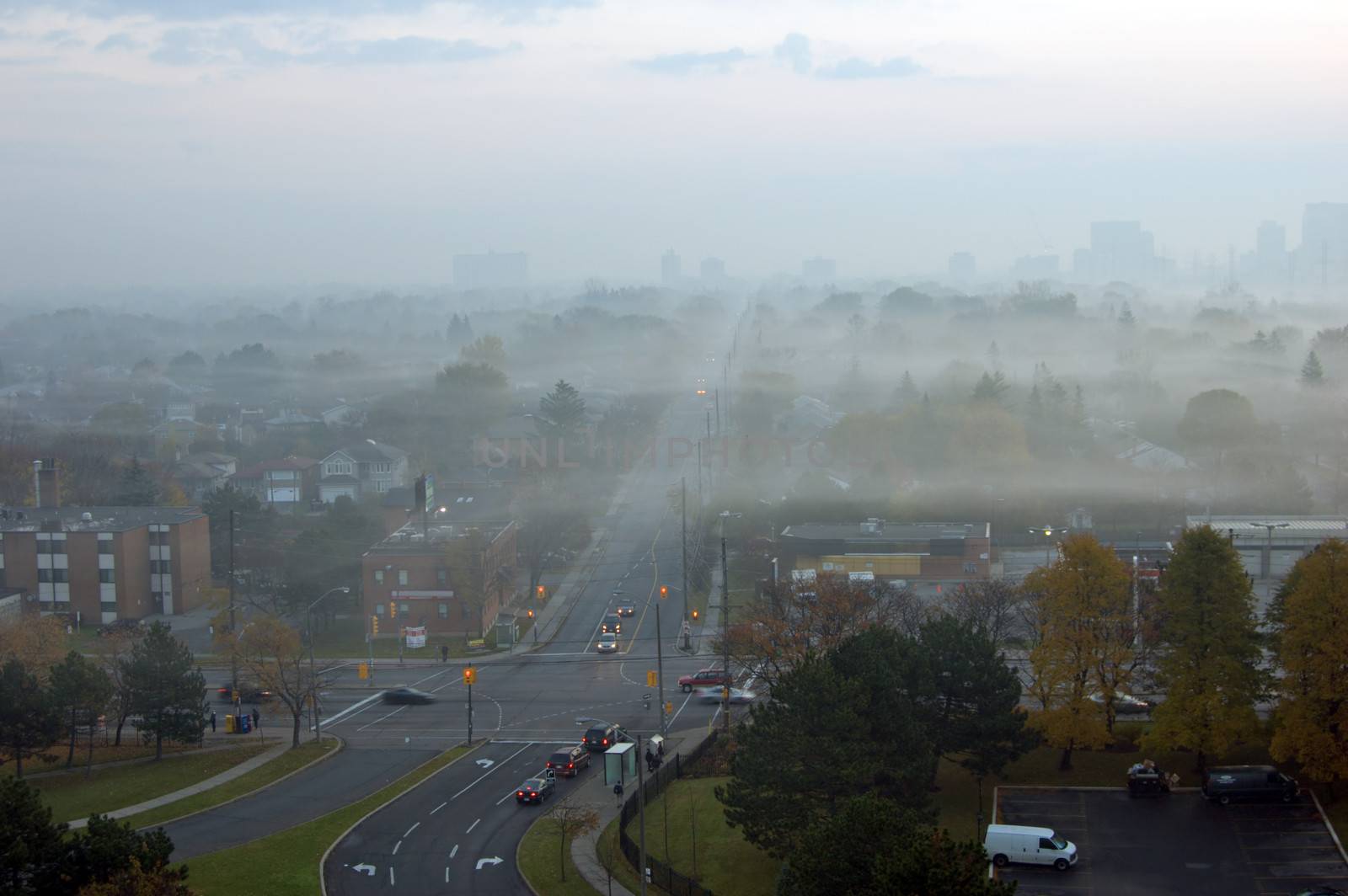 Residential area of Toronto in foggy morning