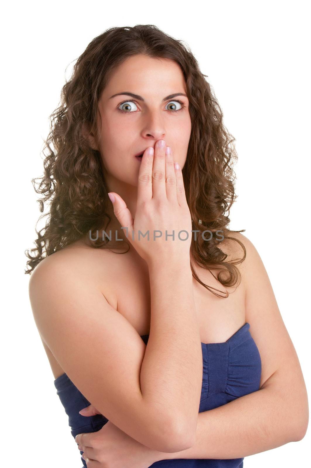 Shocked Woman Covering her Mouth with her hand, isolated in a white background