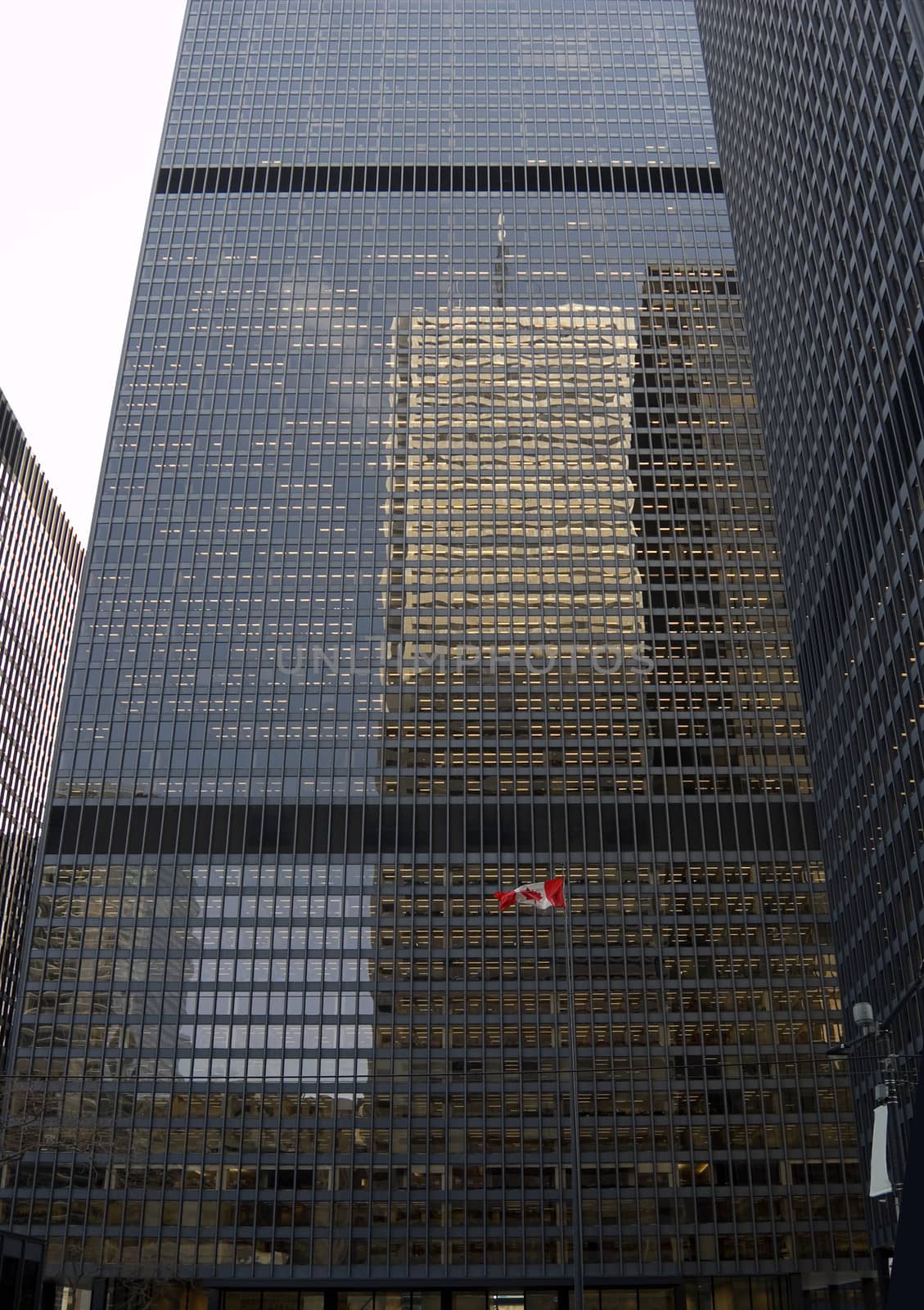 Canadian flag on high building background