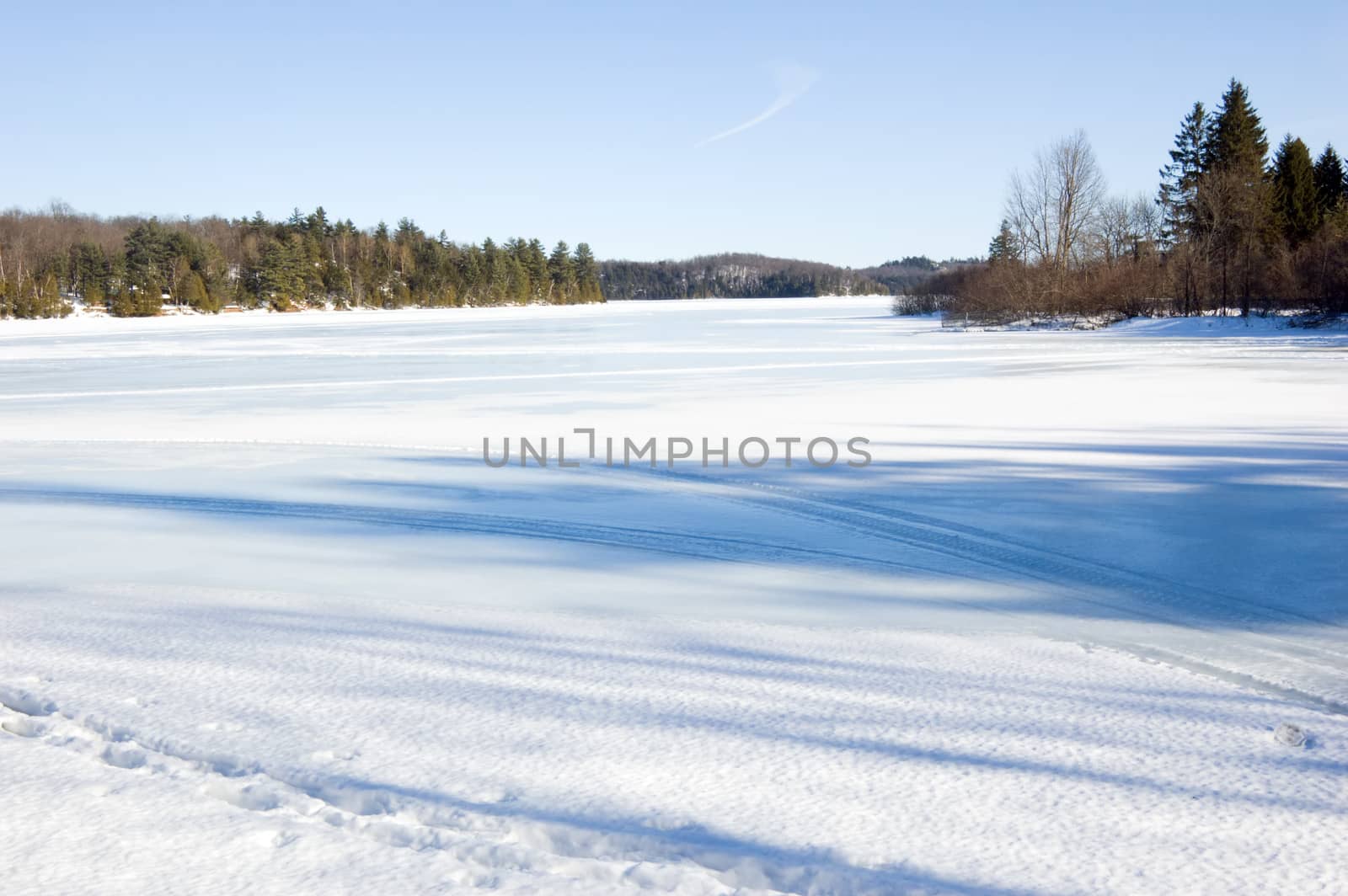Human tracks in winter forest under snow in Ontario park