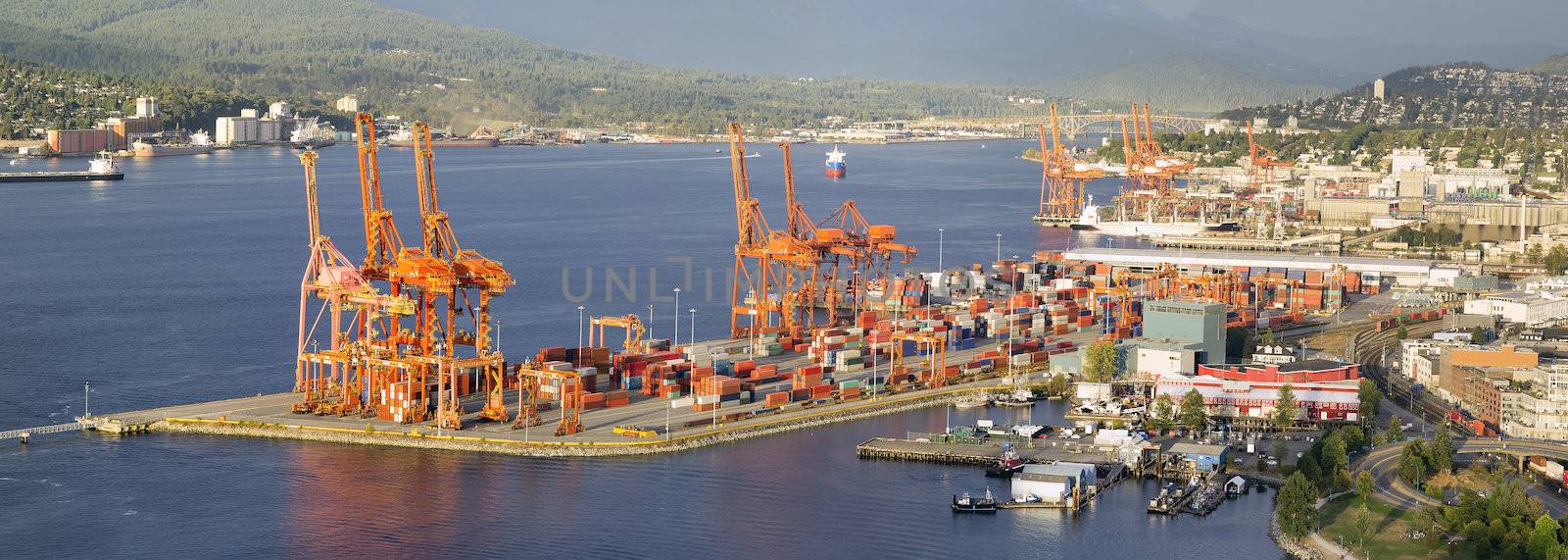 Port of Vancouver BC Canada with Ships Cranes and Cargo Containers Panorama