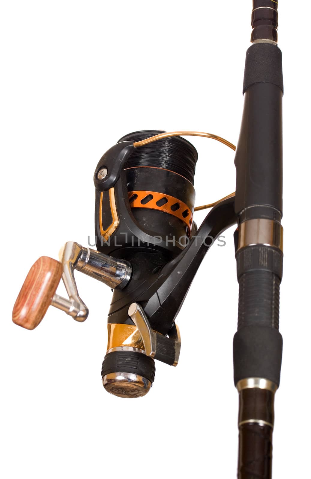 Fishing rod with reel, isolated over white background.