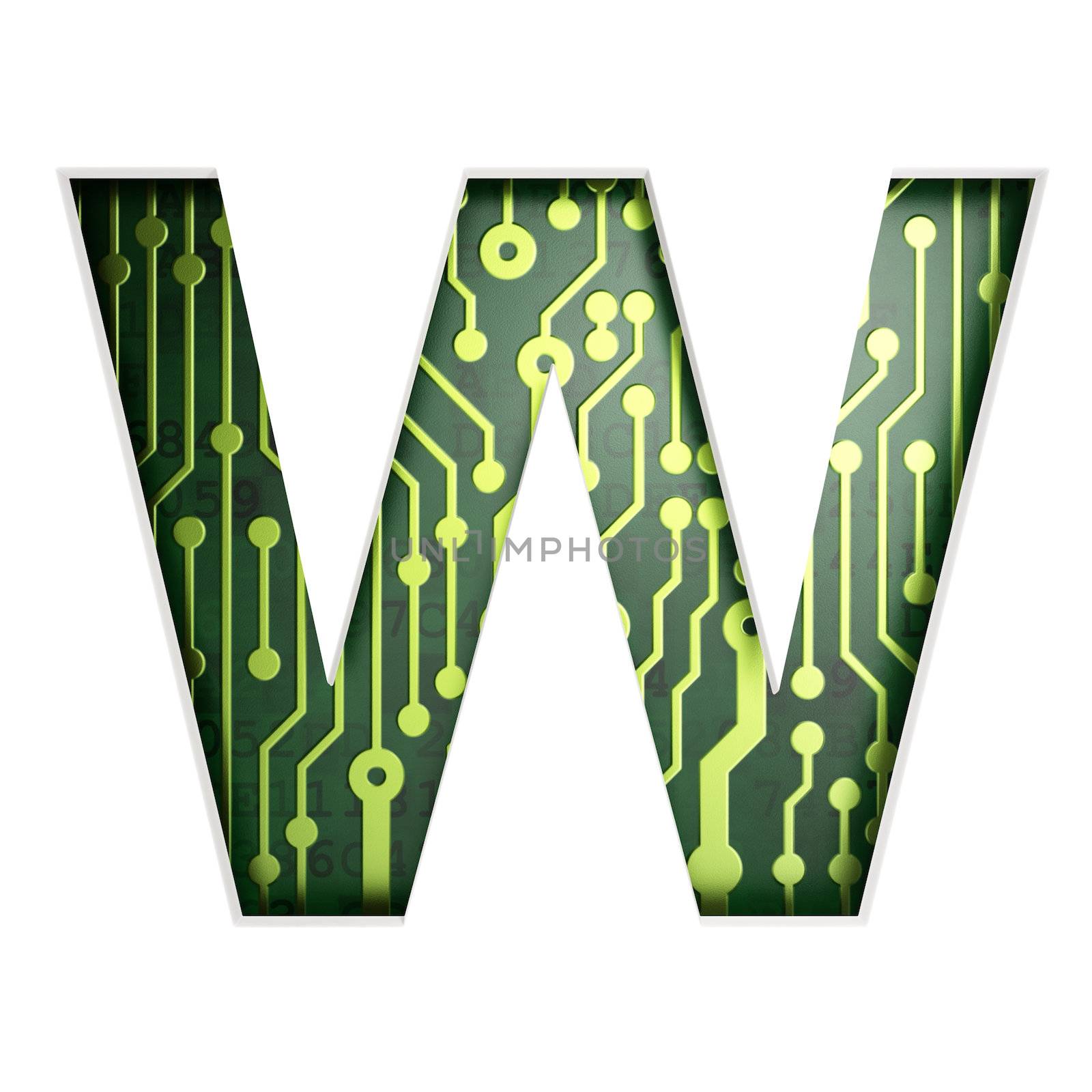 Electric curcuit board letters and numbers collection: W isolated on white background, 3D render