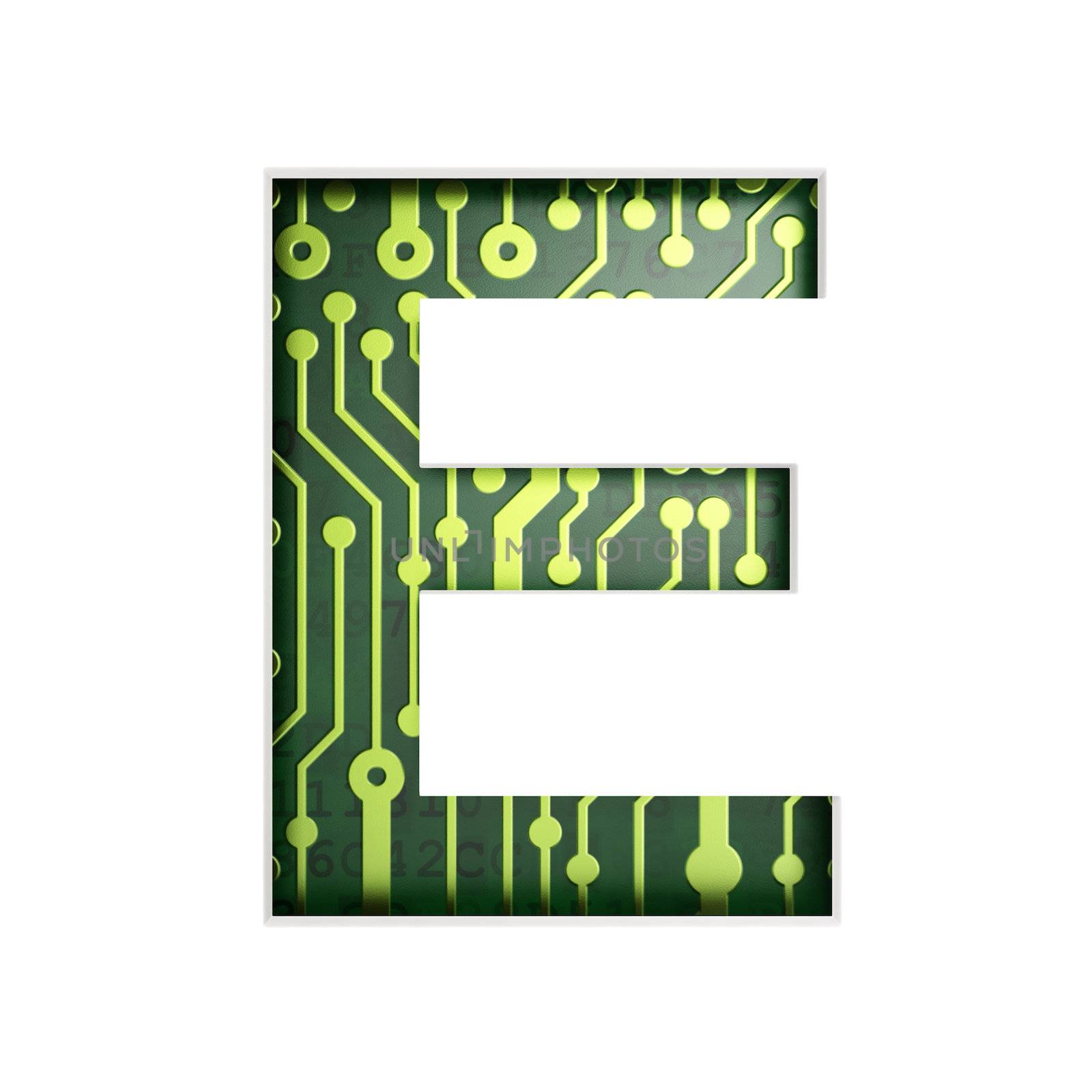 Electric curcuit board letters and numbers collection: E isolated on white background, 3D render