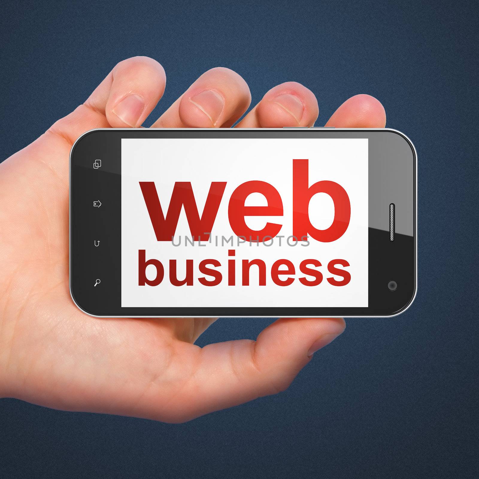 SEO web development concept: hand holding smartphone with word Web Business on display on Dark Blue background.
