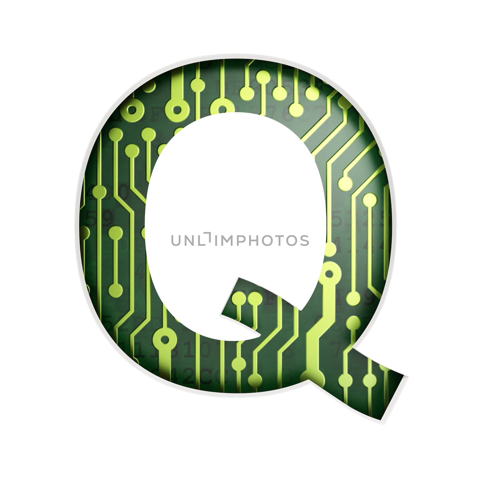 Electric curcuit board letters and numbers collection: Q isolated on white background, 3D render