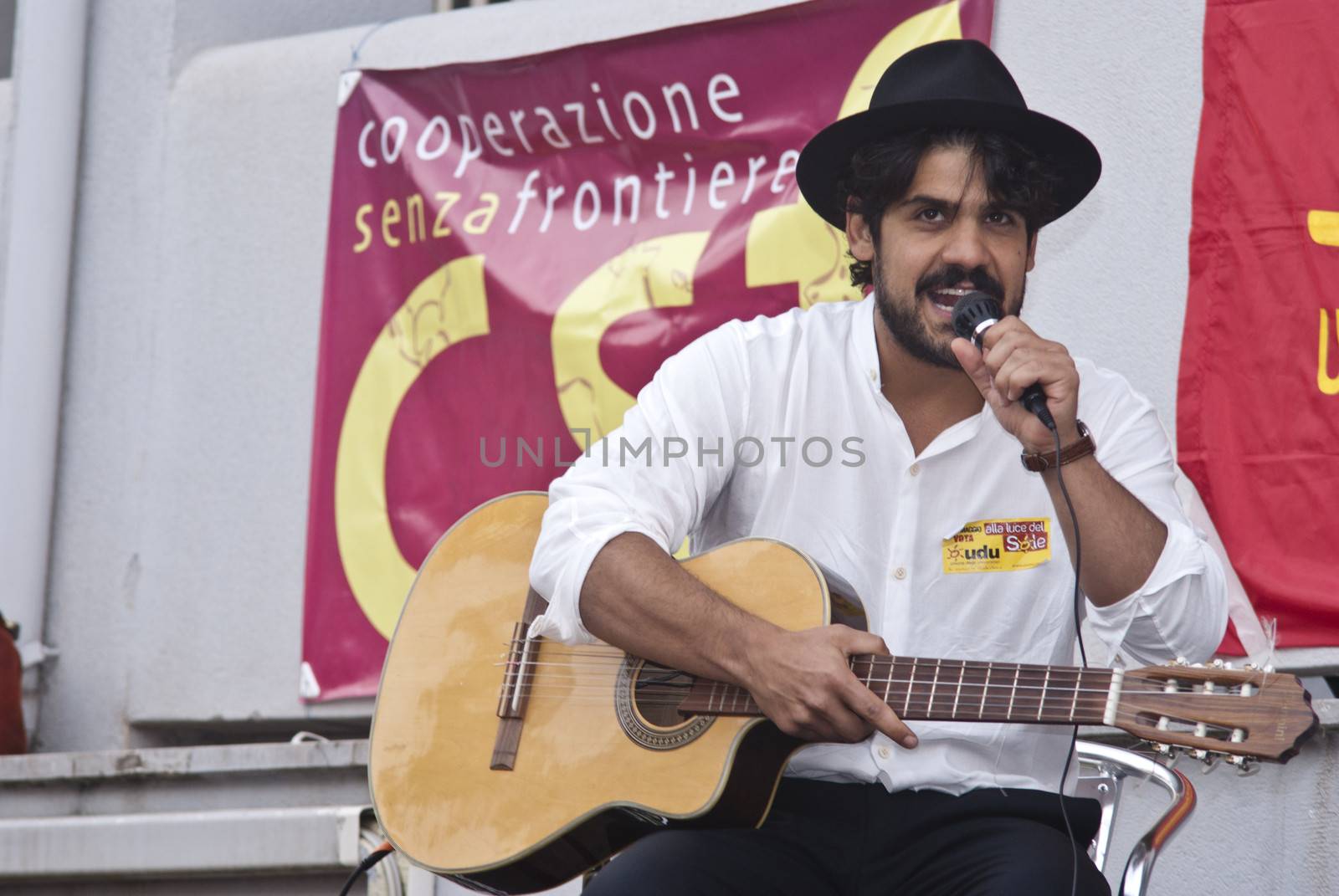PALERMO APRIL 26- The singer Alessandro Mannarino was invited by UDU Palermo - Union of University Students - to participate in a meeting with students on april 26, 2013 in Palermo, Italy